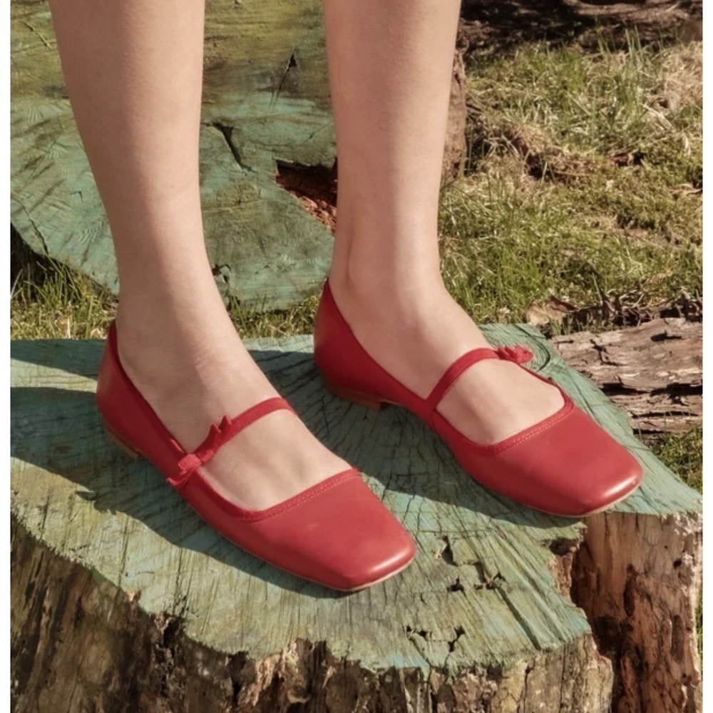 Frances Valentine Womens Red Leather Glossy Mary Jane Ballet Flats Shoes Size 8B